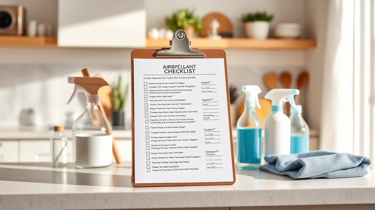 Airbnb cleaning checklist clipboard with organized cleaning supplies on kitchen counter