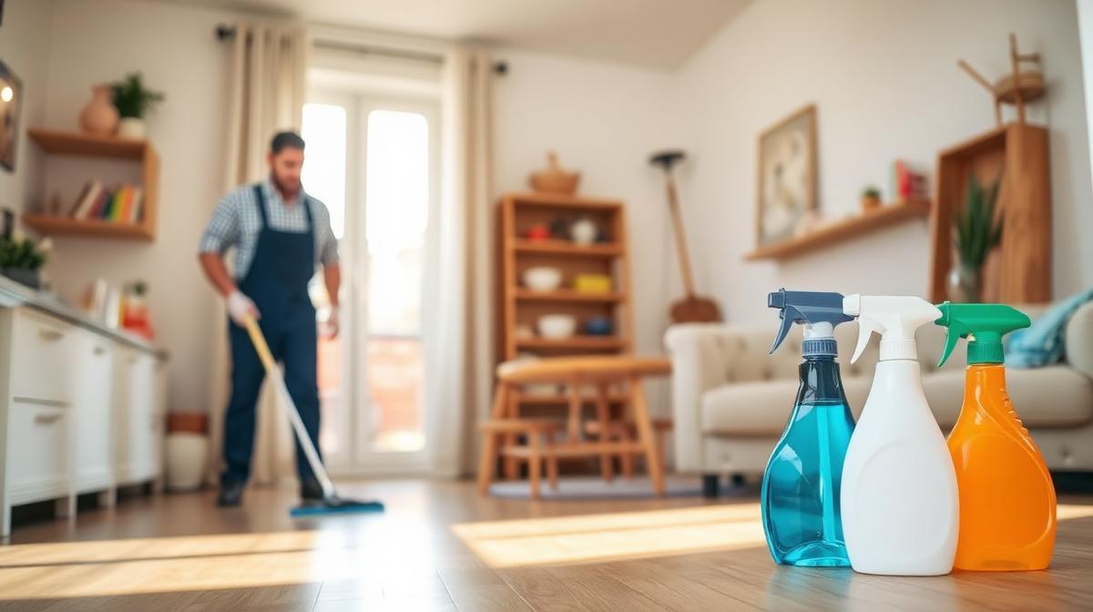 Professional cleaner mopping floors with cleaning supplies in foreground