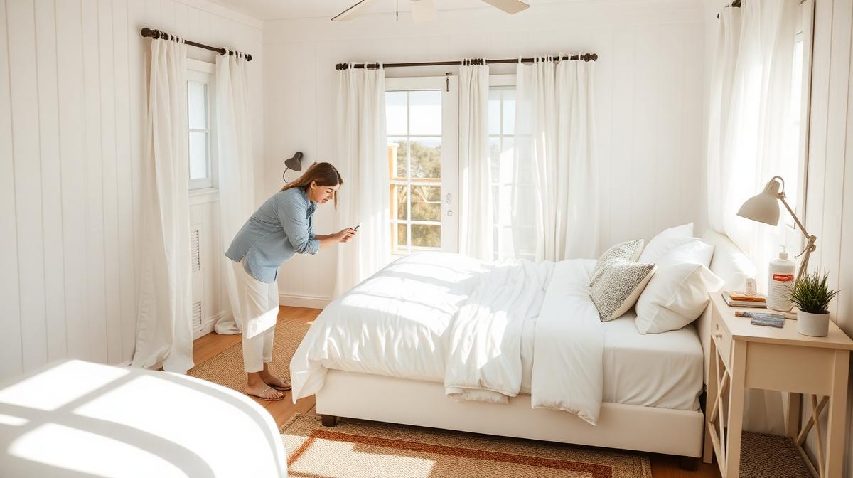 Airbnb host inspecting freshly made bed in a bright coastal bedroom